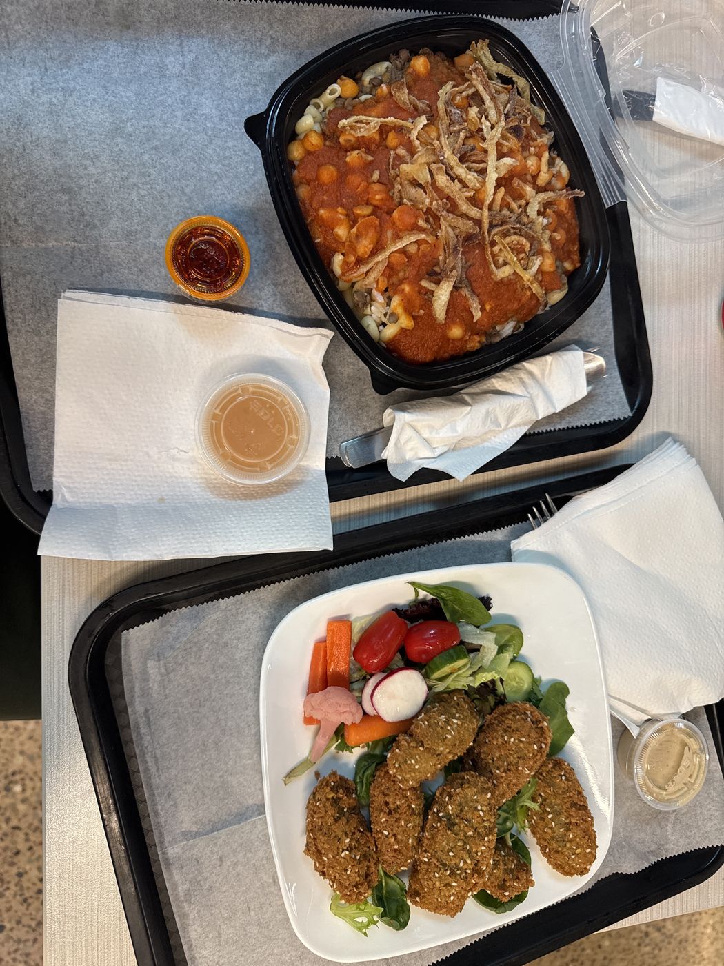 Koshary and a falafel plate with salad and tahini